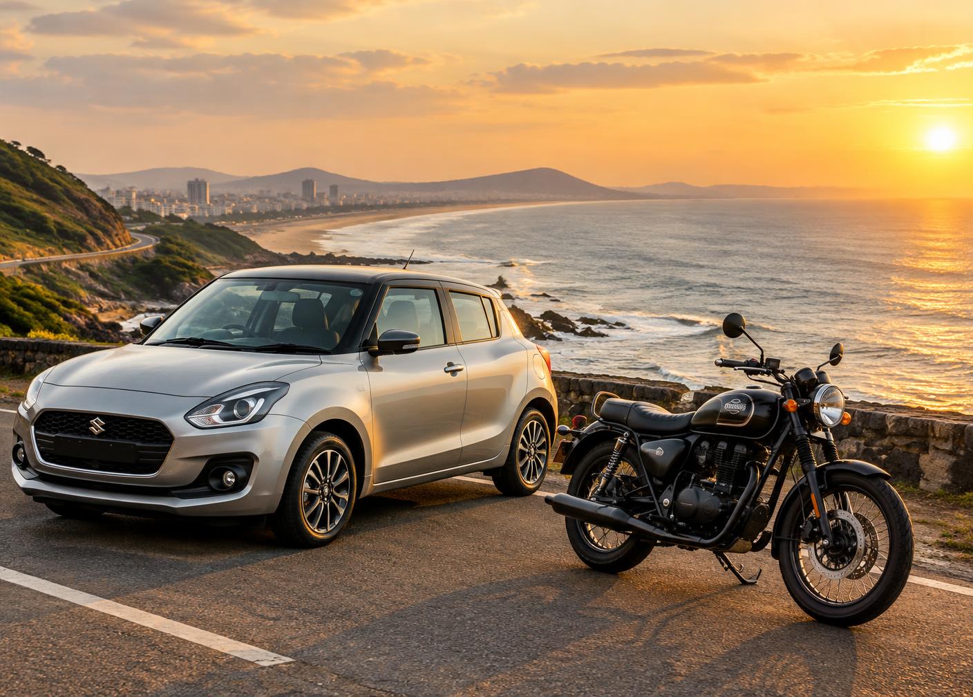 Self-drive car and motorcycle overlooking the Visakhapatnam coastline